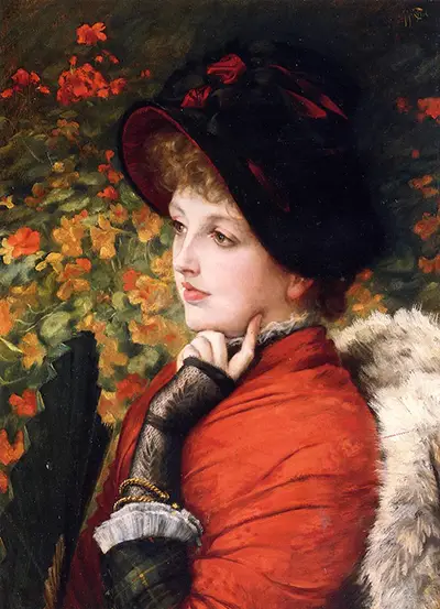 Type of Beauty - Portrait of Mrs Kathleen Newton in a Red Dress and Black Bonnet James Tissot